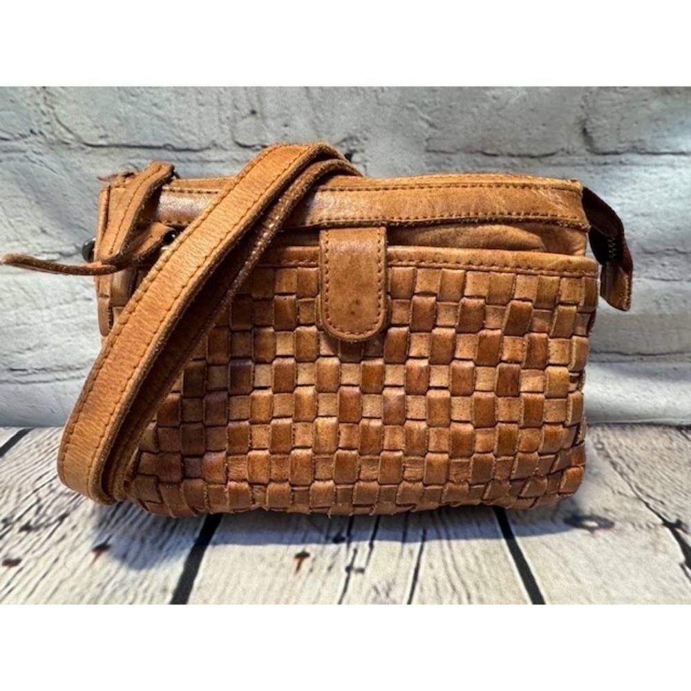 Valenca Holland Tan Woven Genuine Leather Triple‎ Zip Crossbody Bag Purse